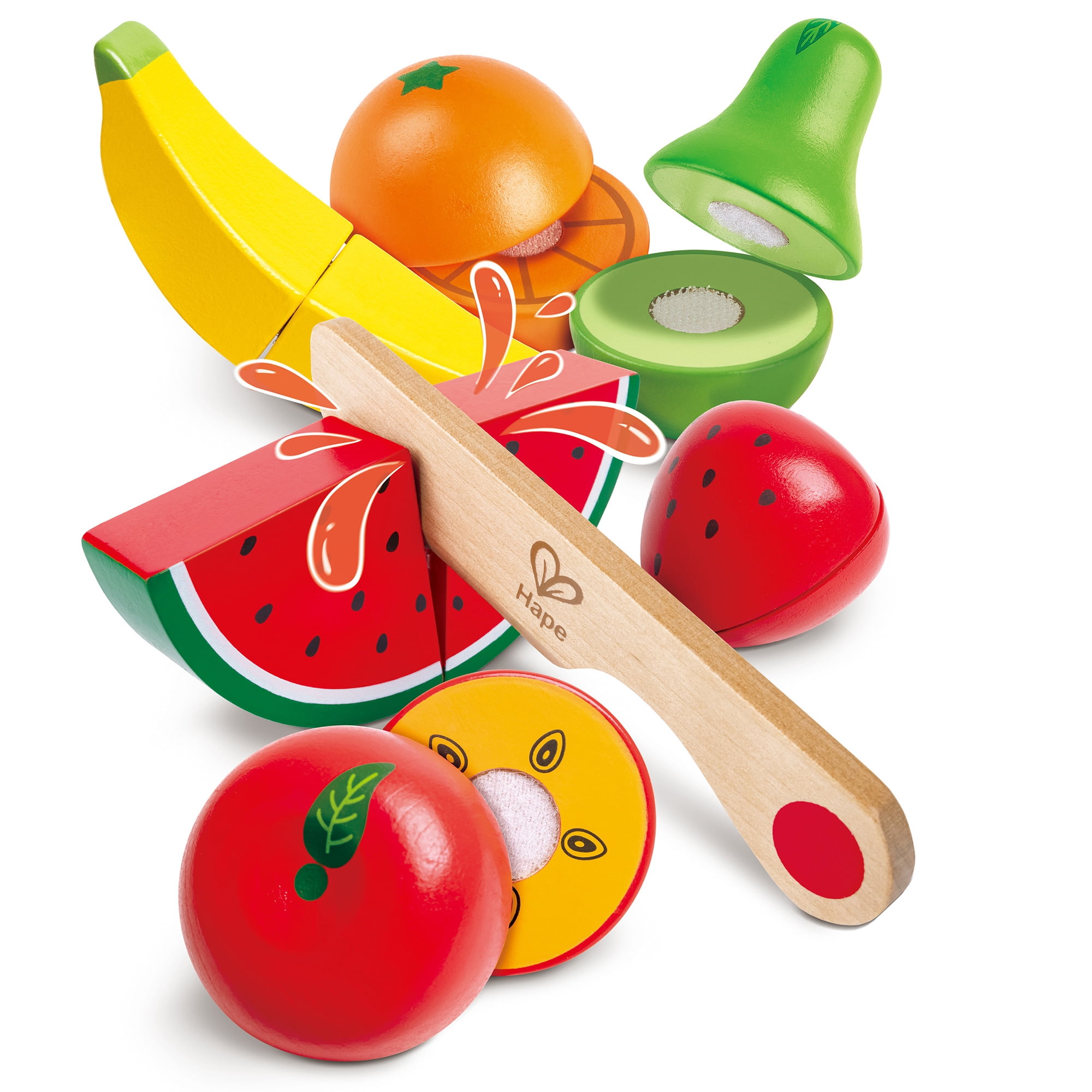 Hape: Fruit Set - 7pc, Wooden Food Play Set, Knife & Velcro Stick Together Fruit Pieces, Cut In Half, Kitchen Pretend Play, Realistic Toy, Kids Age 3+
