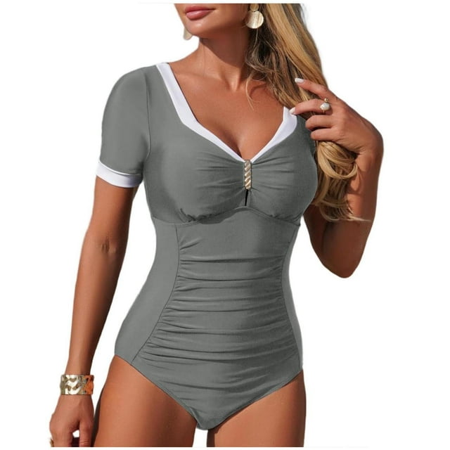 Xfvqtps Women One Piece Swimsuit Removable Padding Ruched Short Sleeve Tummy Control Slimming Bathing Suit for Beach Gray
