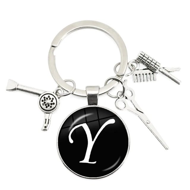 Llavero colgante de herramientas de peluquería, A-Z de cabujón de cúpula de vidrio de 25mm, 26 letras, llavero de secador de pelo, joyería para regalo de barbero