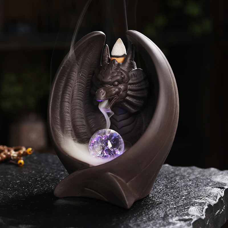 Creative Purple Sand Bat Pterosaur Backflow Incense Burner with LED Light Aromatherapy Furnace Holder Home Craft Ornaments