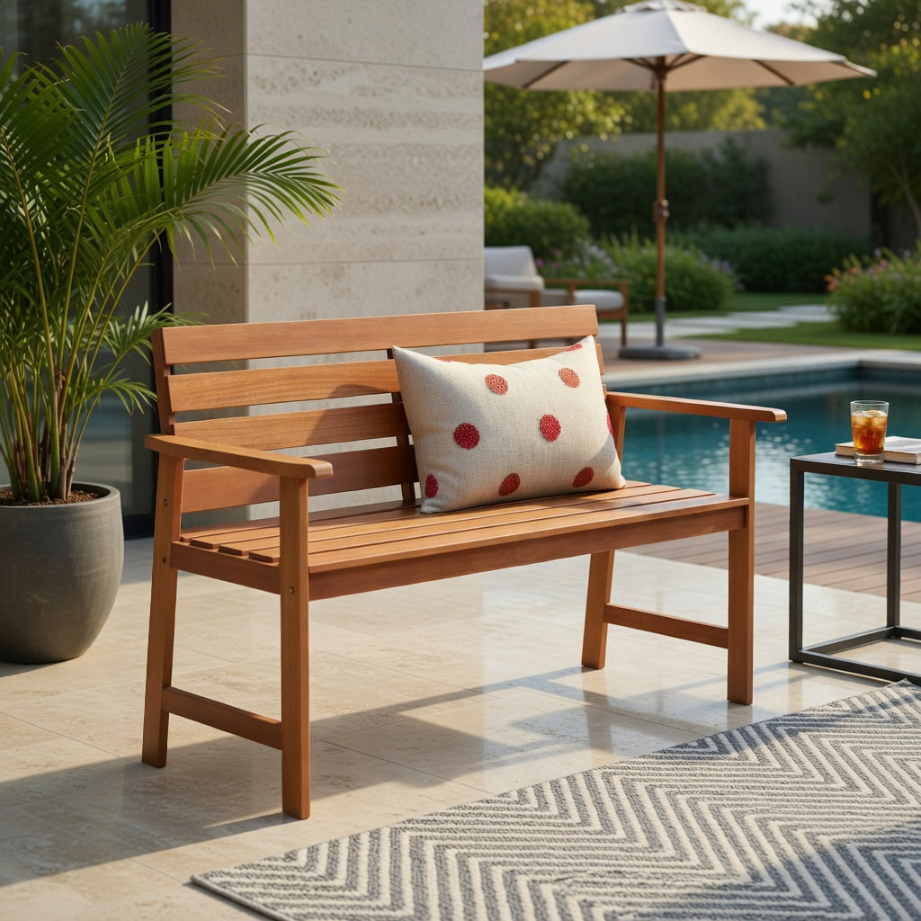 Hommoo 2-Person Solid Wood Outdoor Bench, Slatted Breathable Seat & Ergonomic 102° Inclined Backrest for Patio, Porch & Balcony, Natural