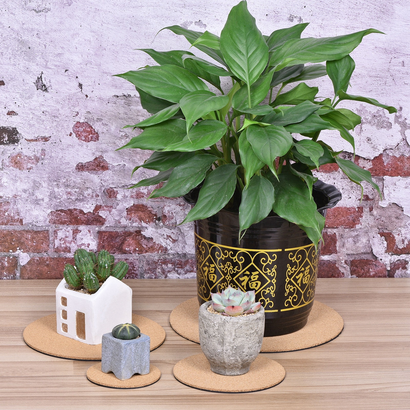 Unique Bargains 4" 6" 8" 10" Round Plastic Cork Home Plant Mat Coaster Pad 4in1 Set