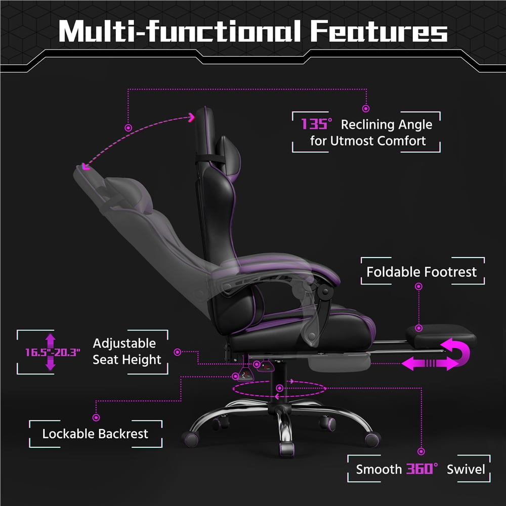 Yaheetech High Back Ergonomic Gaming Chair with Footrest, Massage Lumbar Pillow, Black/Purple