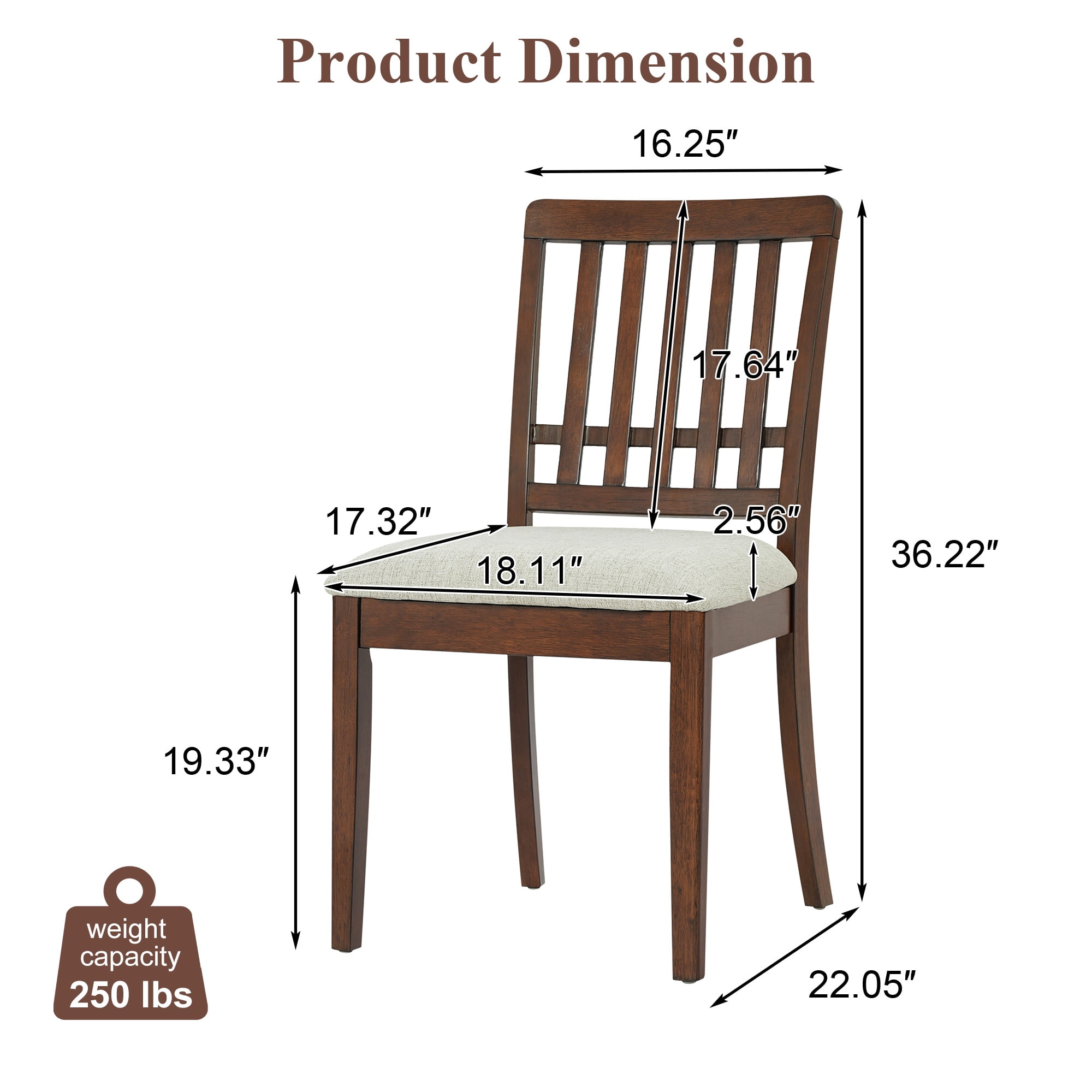 Dining Chair Set of 2, Curved Wood Backrest with Gray Fabric Seat for Dining Room Apartment, Brown