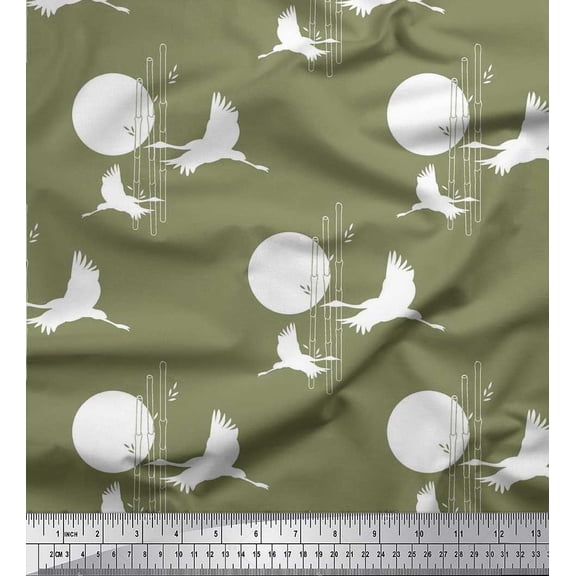 Soimoi Silk Fabric Bamboo Tree,Moon & Stork Bird Print Sewing Fabric Yard 42 Inch Wide