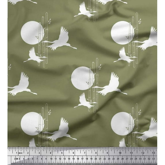 Soimoi Cotton Poplin Fabric Bamboo Tree,Moon & Stork Bird Fabric Prints by Yard 42 Inch Wide