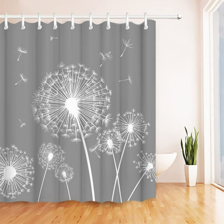 JOOCAR Grey Shower Curtain White Dandelion Flower Simplicity Decorative  Waterproof Cloth Include Hooks 72x72 Inch