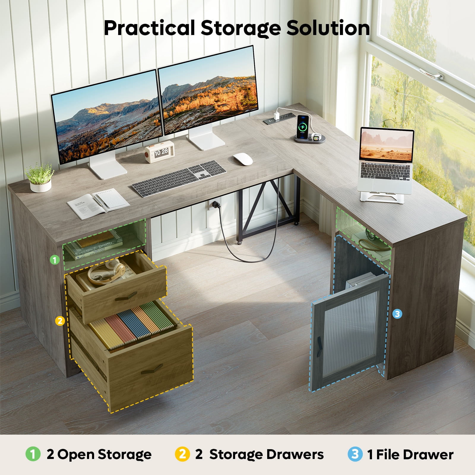 Bestier Farmhouse L Shaped Desk with Drawers, 63"Office Computer Desk with Charging Station & Fluted Storage Cabinet, Corner Desk with File Drawers, Modesty Panel for Home Office, Grey
