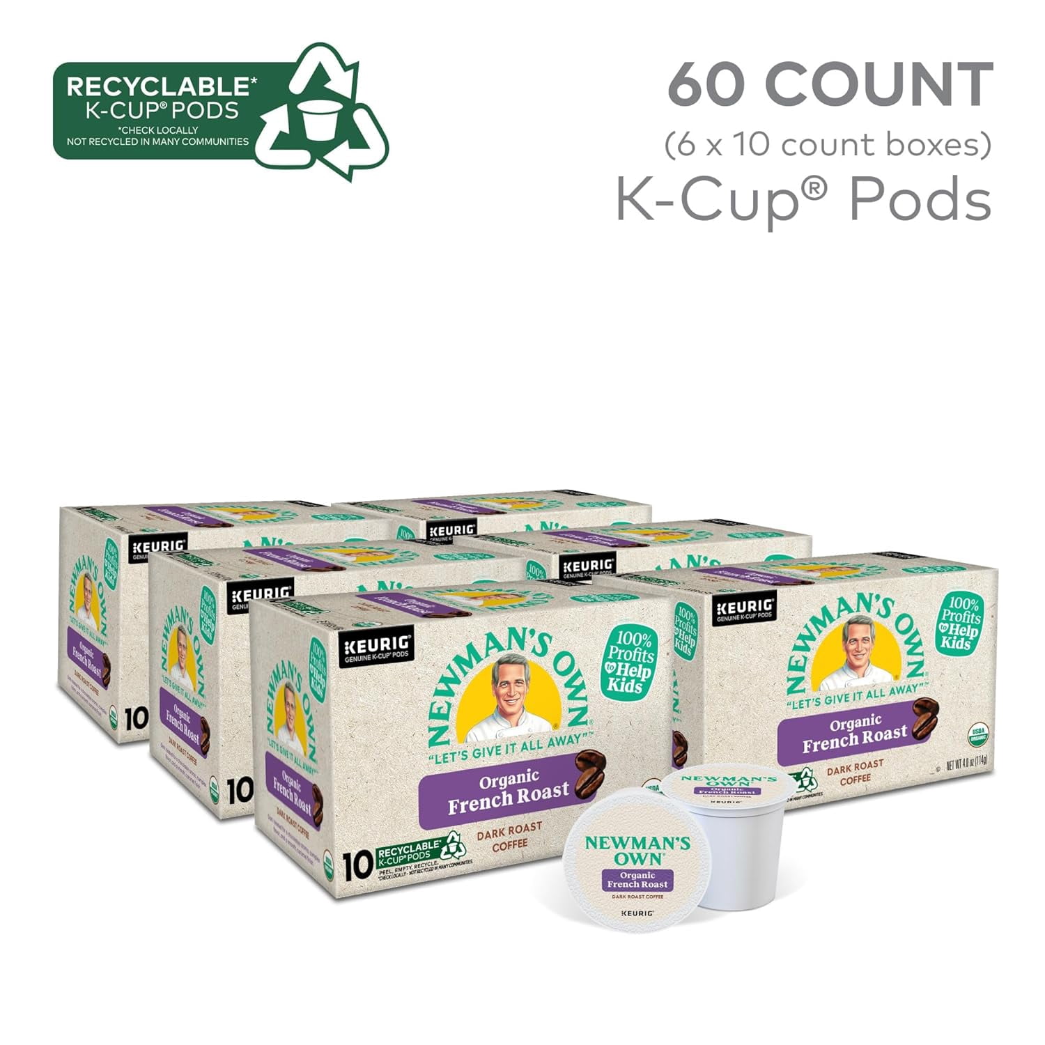 Newman's Own Organic French Roast Coffee, Keurig Single Serve K-Cup Pods, Dark Roast Coffee, 60 Count, (6 Packs of 10)