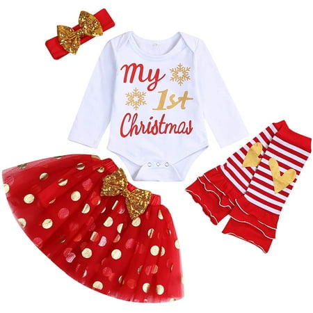 

GRNSHTS Newborn Baby Girls Christmas Skirt Set My 1st Christmas Romper+ Tutu Skirt+ Leg Warmers+ Headband 4Pcs Outfits Red 6-9 Months