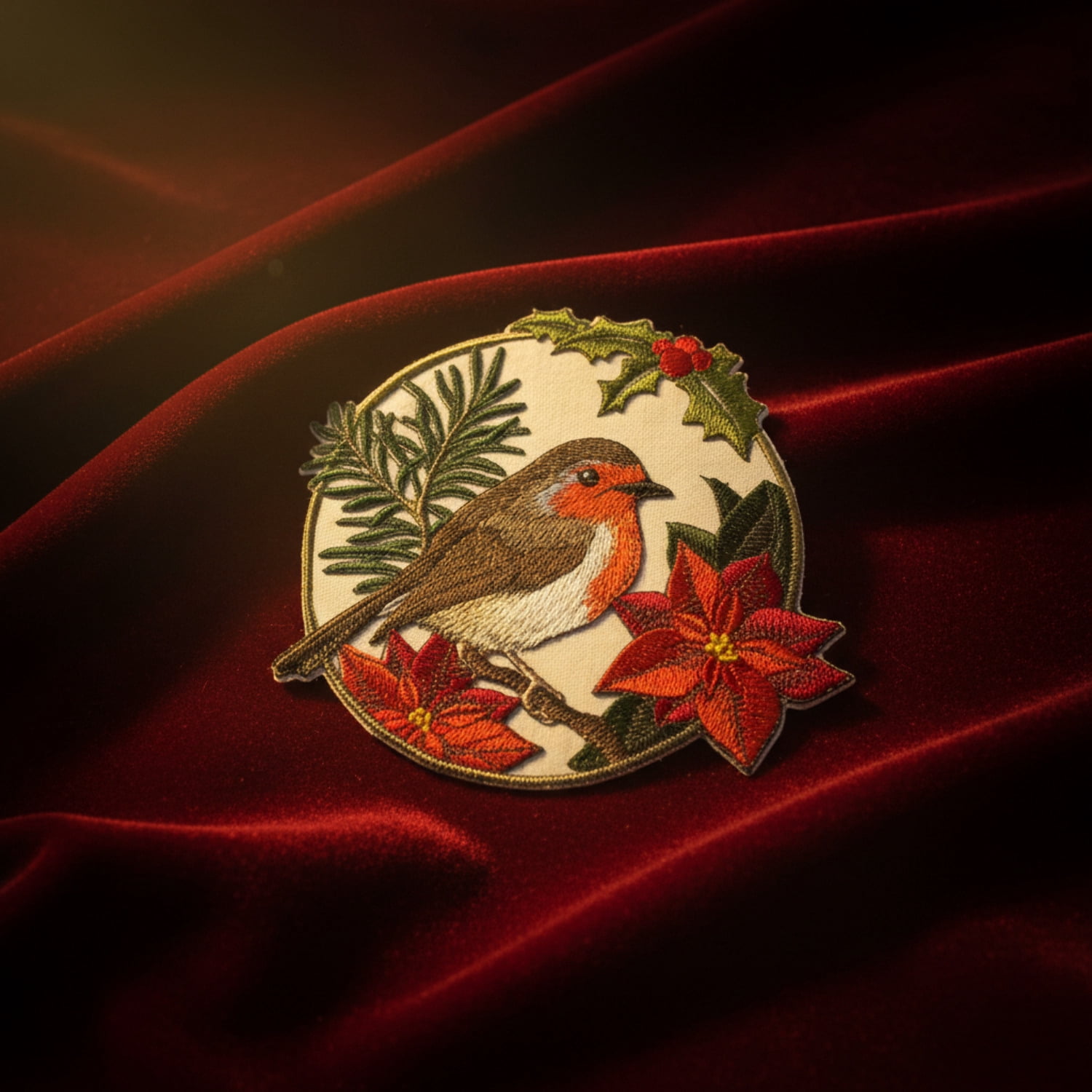 European Robin in Christmas Blooms Embroidered Iron on patch [6.27" X 5.9"]