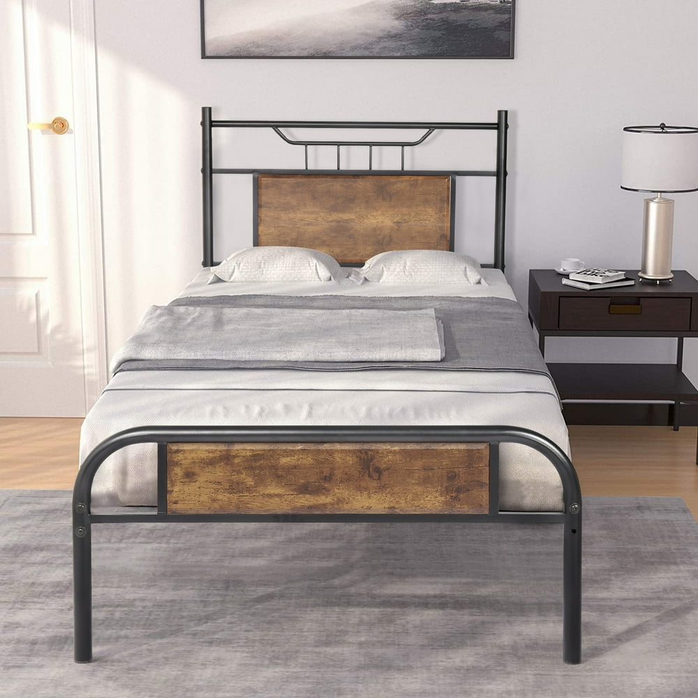 VECELO Rustic Twin Size Metal and Wood Platform Bed Frame with Wooden Headboard and Footboard