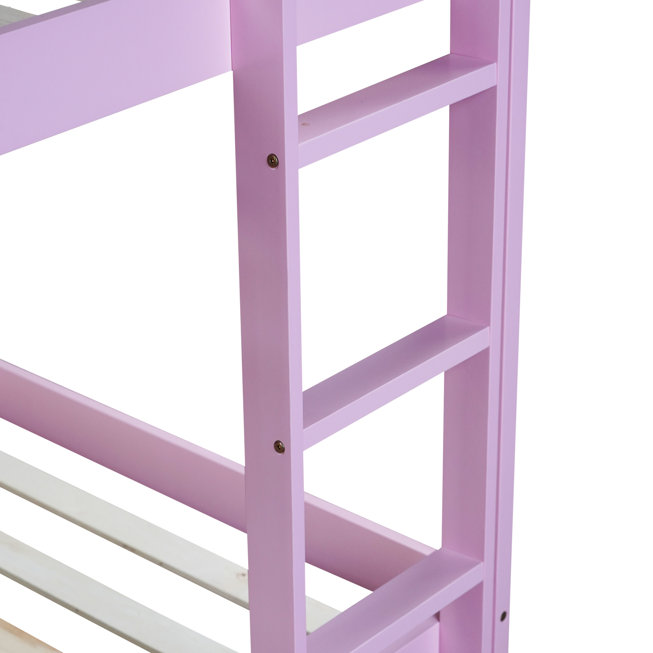 Noble House Alina Twin Over Twin Floor Bunk Bed with Ladder, Solid Rubber Wood Frame with Strengthened Slats, Pink