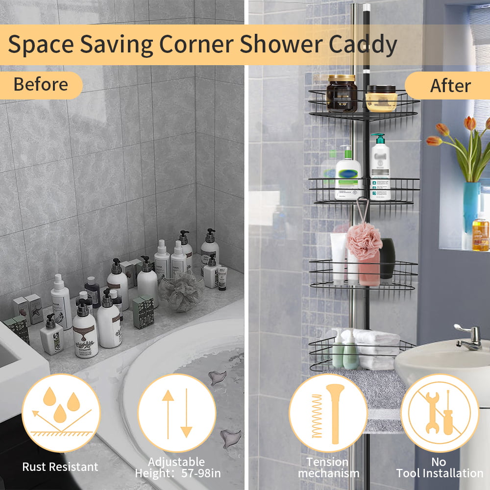 BAOYOUNI 4-Tier Shower Corner Caddy Tension Pole Adjustable Bathroom Shelf  Floor to Ceiling Storage Rack Organizer Holder - No Drilling - Black