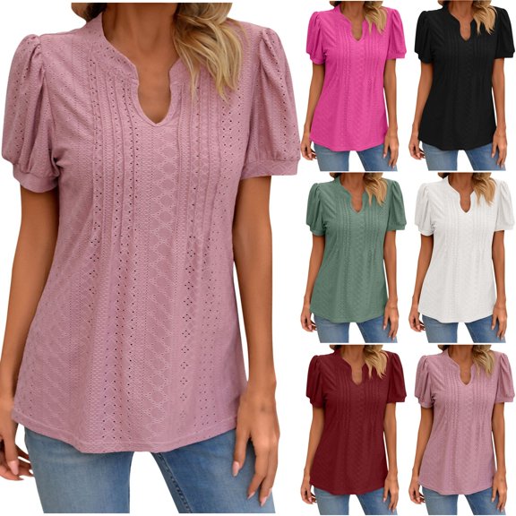 HAPIMO Women's Loose Pullover Tunic Clearance Summer Tees Trendy Solid Color Eyelet Short Sleeve V Neck Shirts for Teen Girls Elegant Casual Workout Tops Black L