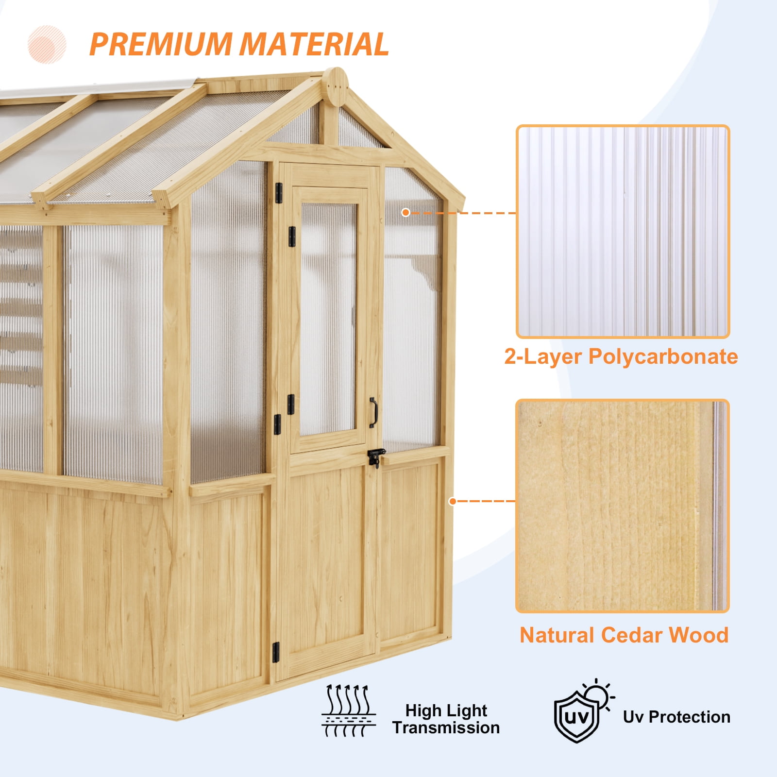 EAGLE PEAK 7.5x6.7x7.7 ft Wood and Polycarbonate Walk-in Greenhouse, Cedar Framed Hobby Greenhouse with Roof Vent, Natural