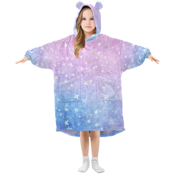 Dreamy Sky with Many Stars Flannel Wearable Blankets Hooded Design Long Sleeves Wrap Unisex for 3T-14Y S