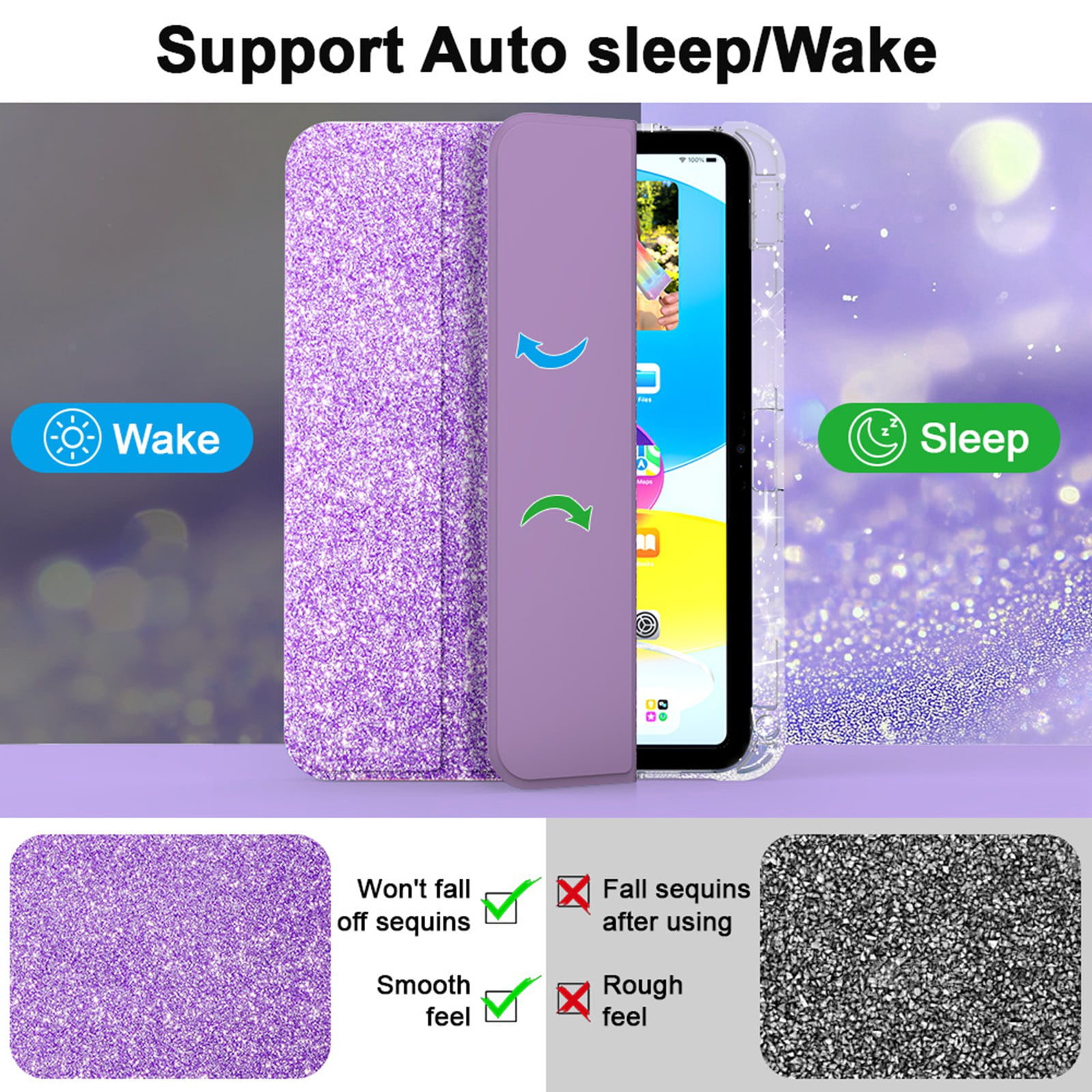ELEHOLD Glitter Case for  iPad 9th/8th/7th Generation with Pencil Holder,  Auto Sleep/Wake Magnetic Stand Cover, Sparkly Clear Back Shell with Tri-Fold Stand , Purple