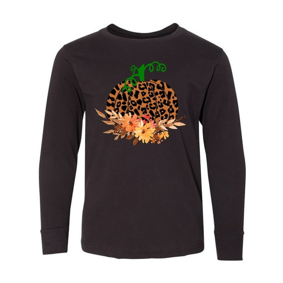 Inktastic Cheetah Print Pretty Pumpkin with Fall Leaves Long Sleeve Youth T-Shirt