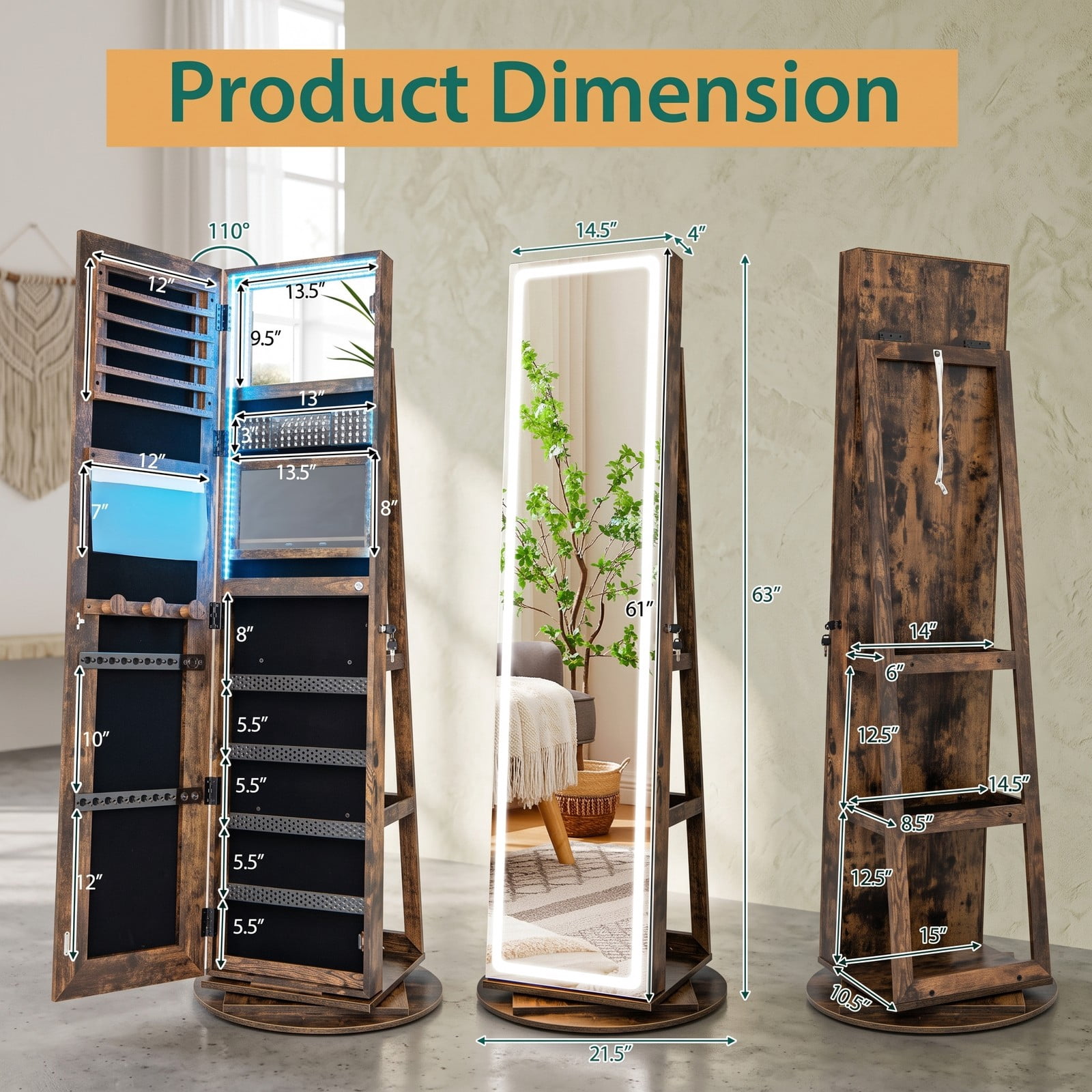 Furnibear Freestanding Rotating Jewelry Cabinet with Adjustable LED Full-Length Mirror and Makeup Mirror for Bedroom, Coffee