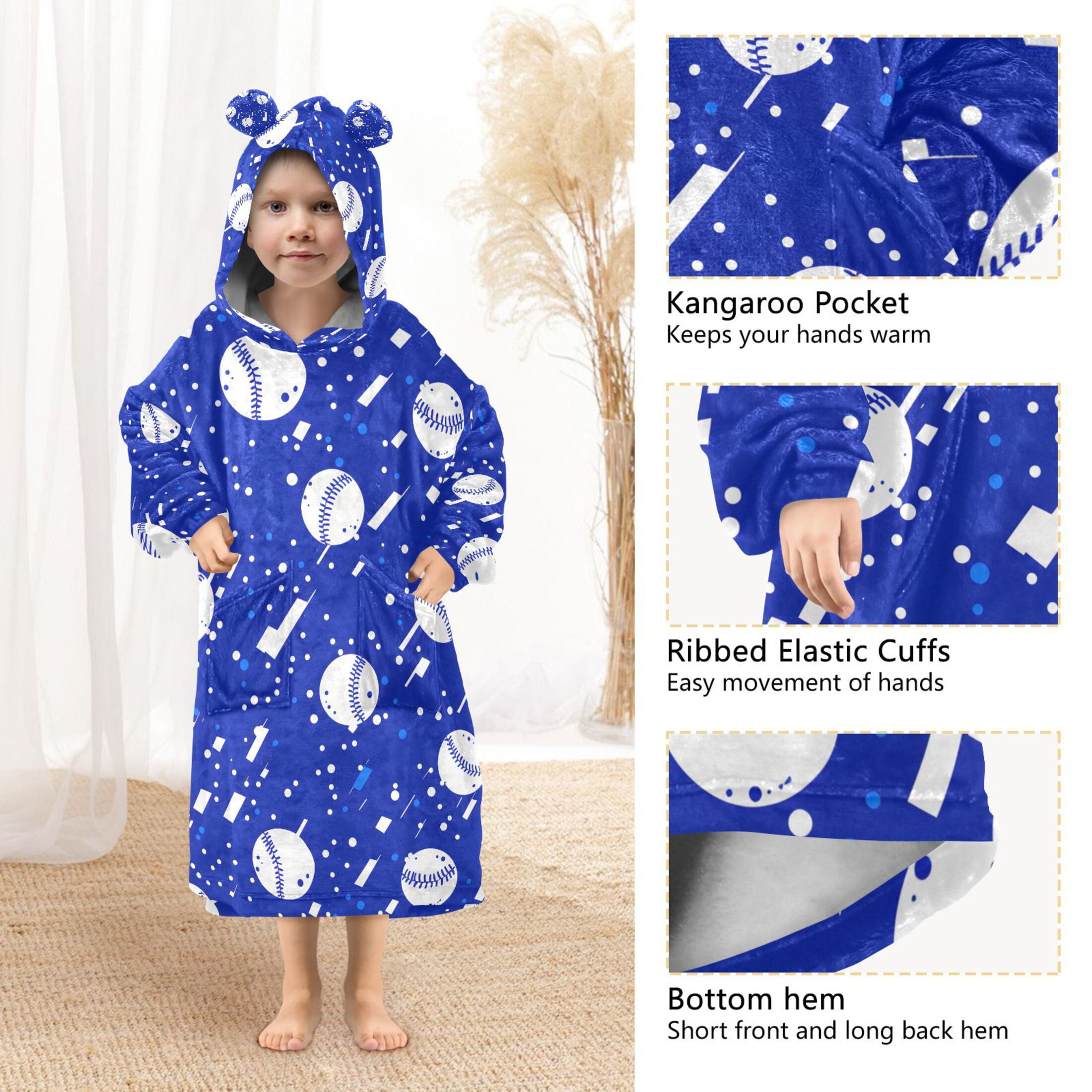 joogoo Blanket Hoodie for Baseball Art Pattern Oversize Sweatshirt 3-14 YR L