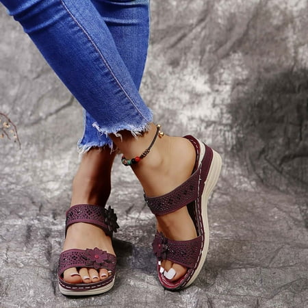 

Egmy Summer Retro Casual Flowers High-Heeled Flat-Bottomed Ladies Wedge Slippers