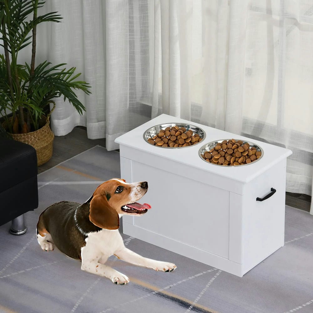 Resenkos Dog Bowls Holder,Dog Food Bowls,Raised Pet Feeding Storage Station with 2 Stainless Steel Bowls Base, White
