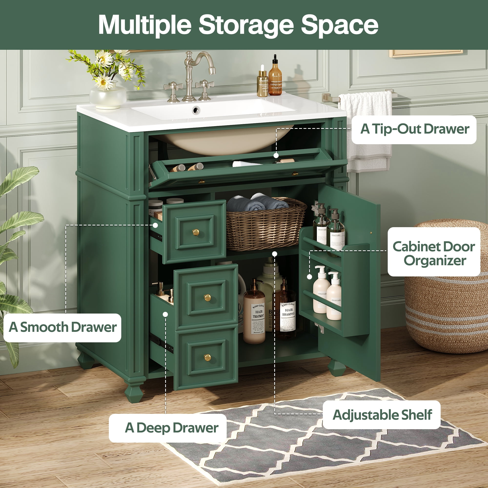 Euroco Bathroom Vanity Cabinet with Ceramic Sink Basin, 30 Inch, Storage Cabinet with Soft Close Doors and Door Organizer