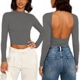 thumbnail image 5 of cocolona Womens Summer Backless Tops Crew Neck Long Sleeve Crop Slim Fit Shirts Going Out Casual Solid Color Blouses, 5 of 5