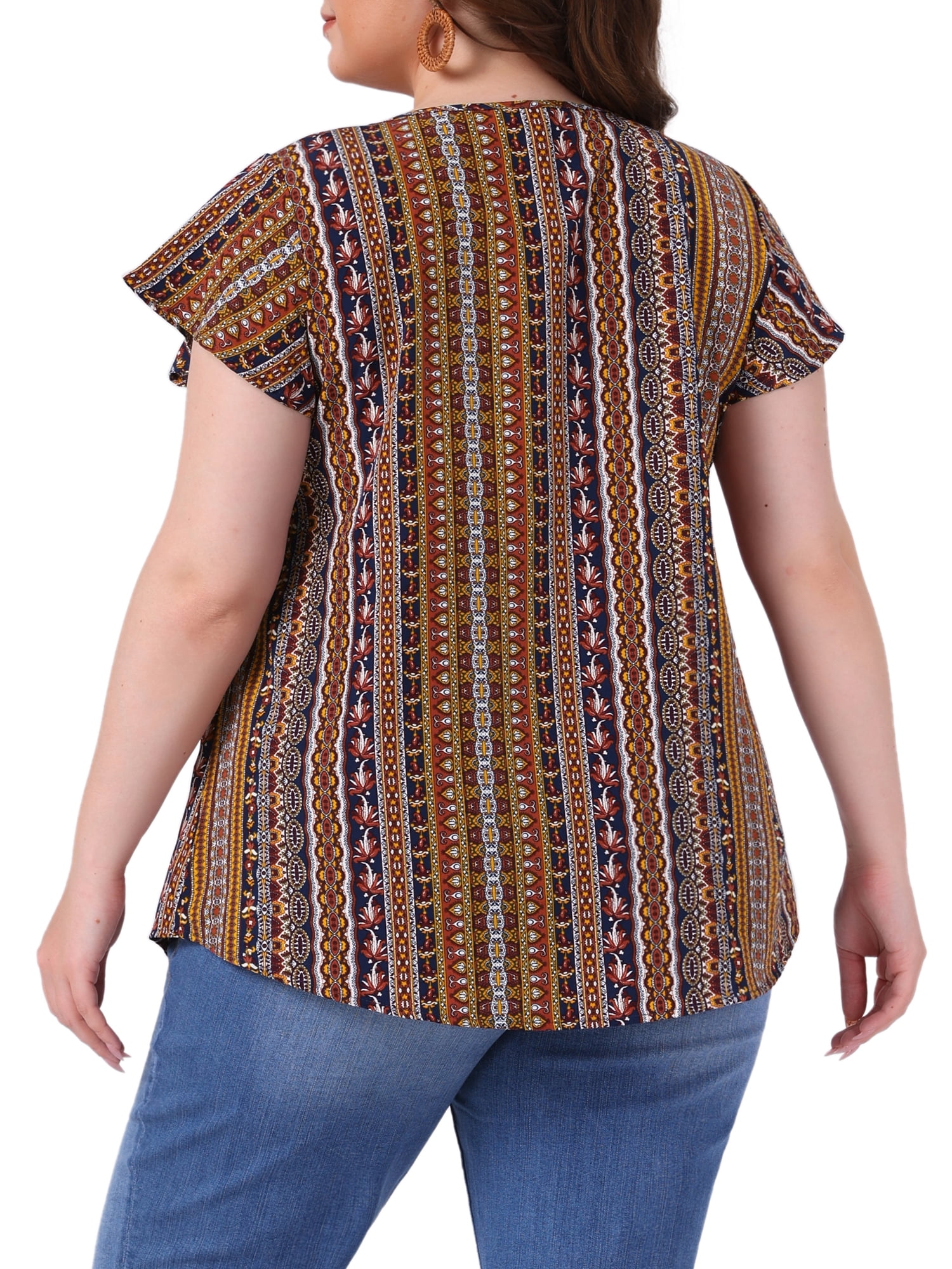 Women's Plus Top Boho Floral Printed Round Neck Ruffle Sleeve Blouses Shirts 4X Orange