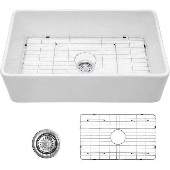 Boyuevi 33 inch White Farmhouse Sink, Fireclay Apron Front Farm Kitchen Sinks Farmhouse Ceramic Porcelain Single Bowl Deep Large Capacity Kitchen Sink with Stainless Steel Grid and Strainer