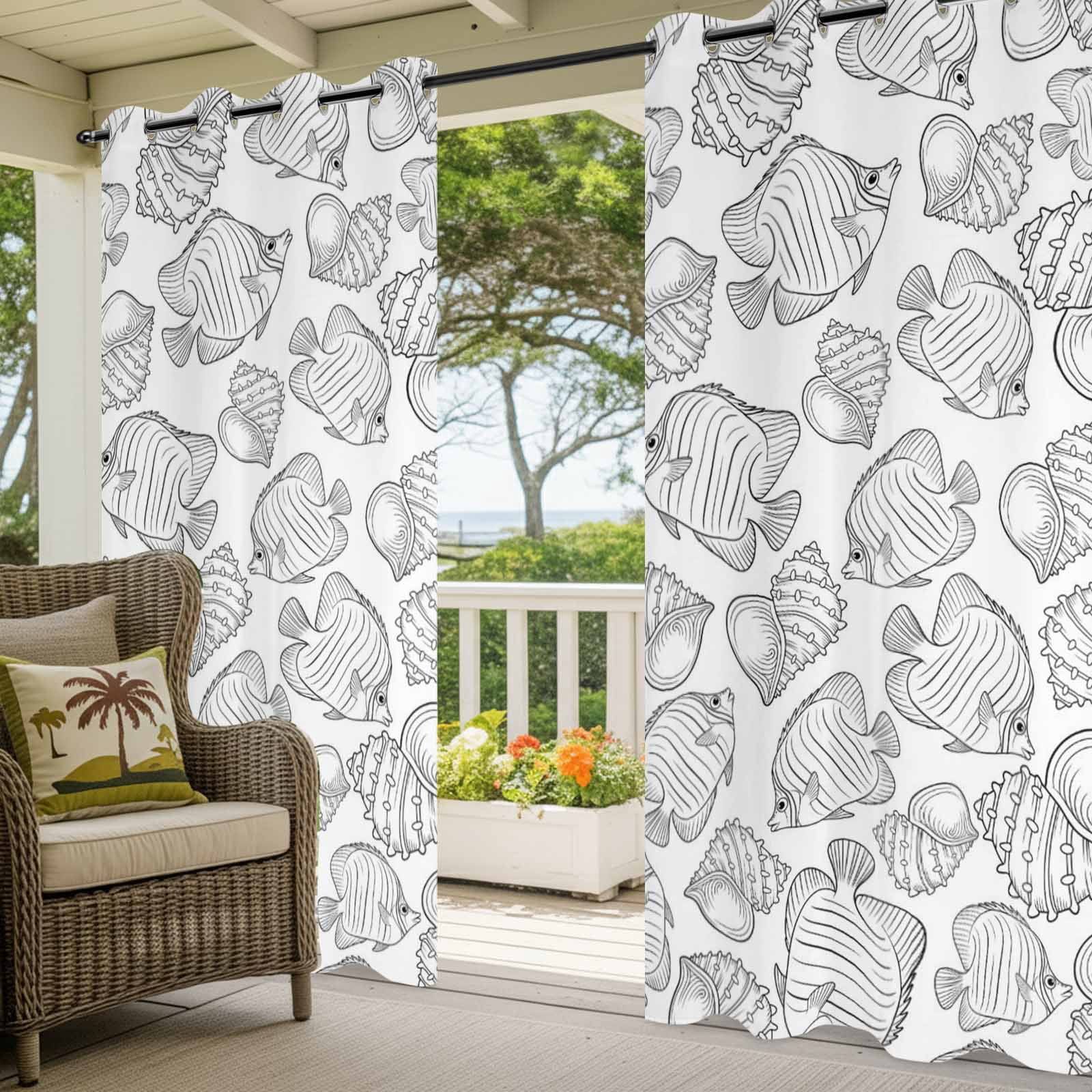 Marine Life Outdoor Curtains for Patio, Oceans Fish Sea Nut Line Sketches Style Black Sunshade Privacy Drapes Grommet Waterproof Outside Curtains for Porch/Cabana/Balcony 54"x 108", 1 Panel