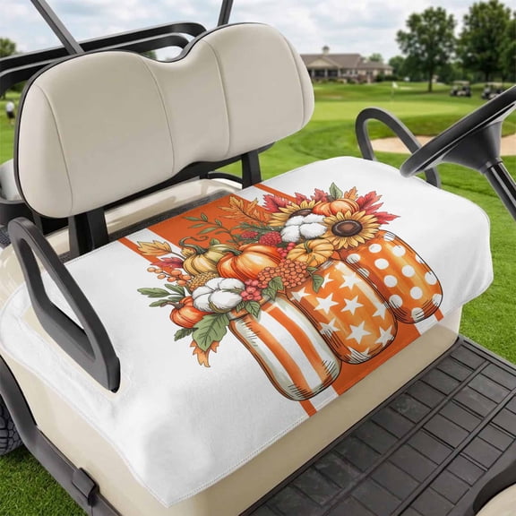 Golf Cart Seat Covers for 2 Seater,Burnt Orange Floral Microfiber Cart Seat Towel Blanket,Rustic Pumpkin Sunflower Botanical Striped Absorbent NonSlip Bench Seats Protector for Golf Course 51"x31"