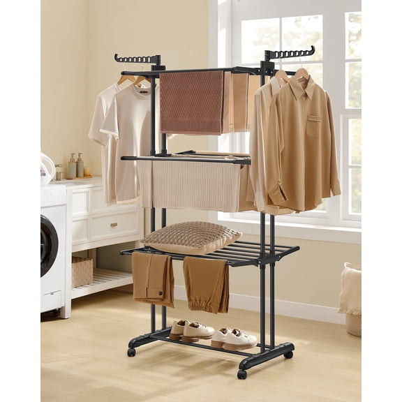 4 - Tier Foldable Clothes Drying Rack - 68.1" Tall, Stainless Steel, Rolling. Easy Assembly for Indoor & Outdoor Use. Ink Black Color
