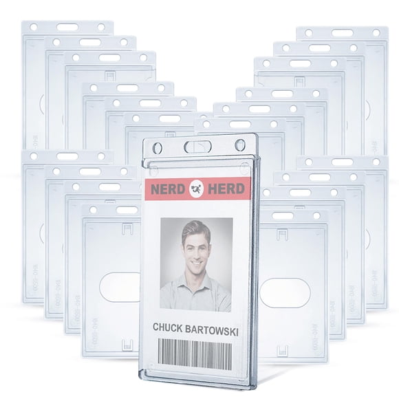 Bestom 50 Pack Frosted Clear Vertical Hard Plastic ID Card Holders- Rigid Plastic ID Card Protector Case W/Thumb Notch and Slot & Chain Holes for Sch