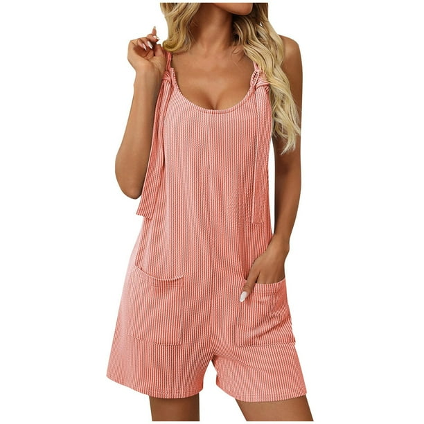 Camisetas Cortas para las Mujeres sin Mangas Cuello Redondo Sólido con Bolsillos, Casual una Pieza Romper Poliéster