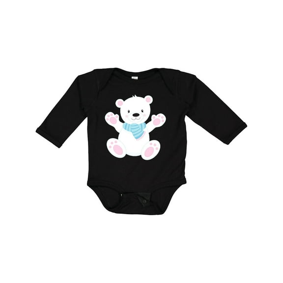Inktastic Cute Polar Bear, White Bear With Blue Scarf Boys or Girls Long Sleeve Baby Bodysuit