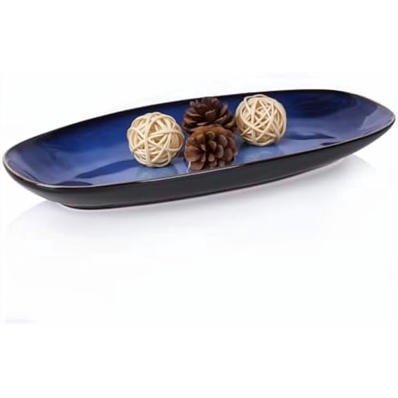 11" Long Oval Blue Ceramic Bowl - Ocean-Inspired Home Decor & Catchall Dish