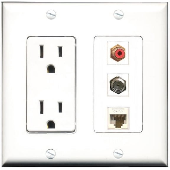RiteAV - 15 Amp Power Outlet 1 Port RCA Red 1 Port Coax 1 Port Cat6 Ethernet Ethernet White Decorative Wall Plate