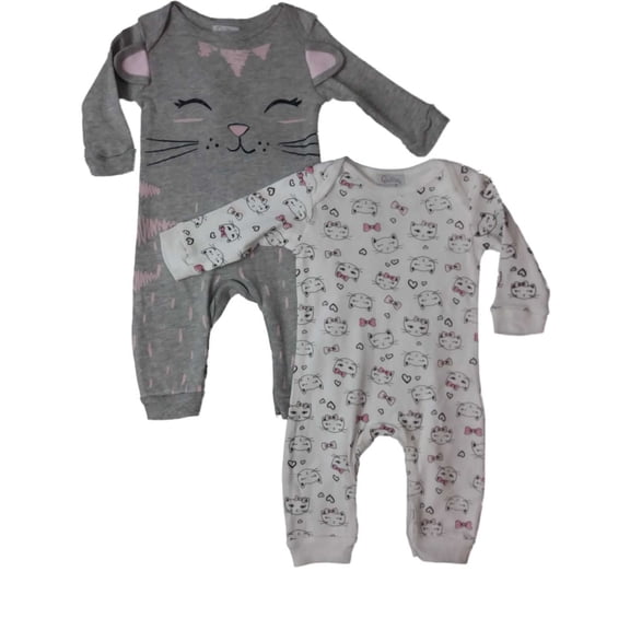Infant Girls Gray Kitty Cat Kitten Heart Bow Sleeper 2-PC Coveralls Outfit