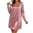 thumbnail image 4 of Guieoi Womens Dresses Long Sleeve Solid-Color Satin V-Neck Loungewear Nightgown Long Nightgown Midi Dress Pink XL, 4 of 8