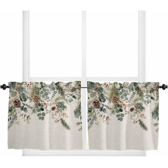 Christmas Kitchen Curtain 2 Panels Tiers Curtains 24 Inch Length, Xmas Botanical Pinecone Eucalyptus Leaves Rustic Curtains Rod Pocket Curtains Window Drapes Treatment Window Cafe Curtains