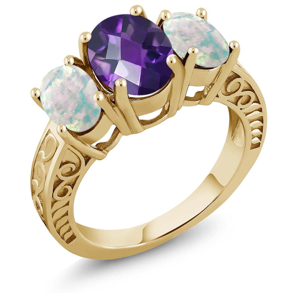 2.76 Ct Checkerboard Amethyst Simulated Opal 18K Yellow Gold Plated Silver Ring by