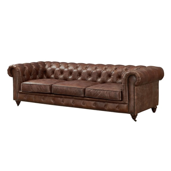 Pemberly Row Top Grain Leather Chesterfield 95" Leather Sofa in Dark Brown
