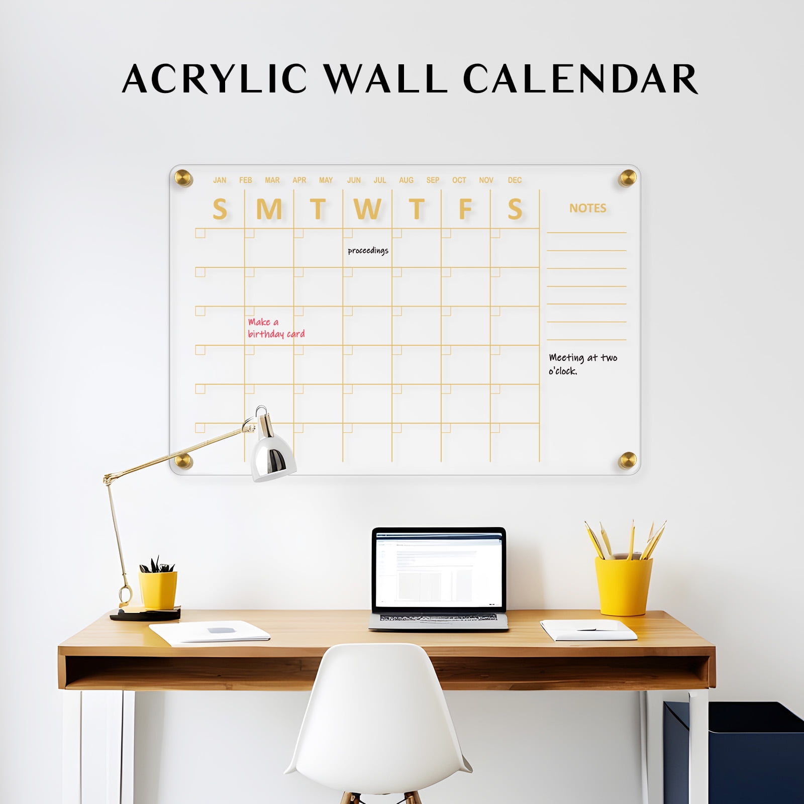 DOLLAR BOSS Acrylic Calendar for Wall Whiteboard, 24''x16'' Weekly Clear Dry Erase Board, Wall Hanging Non-Magnetic Floating Frameless Gold Print Whiteboard with Markers, for Home, Office. Wall Decor