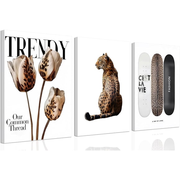 Trendy Leopard poster Wall Art Set of 3 Cheetah Printed Preppy Fashion Skateboard Wall Decor Preppy Room Aesthetic posters Prints for Girls Bedroom Apartment Dorm 12"*18" Decoration