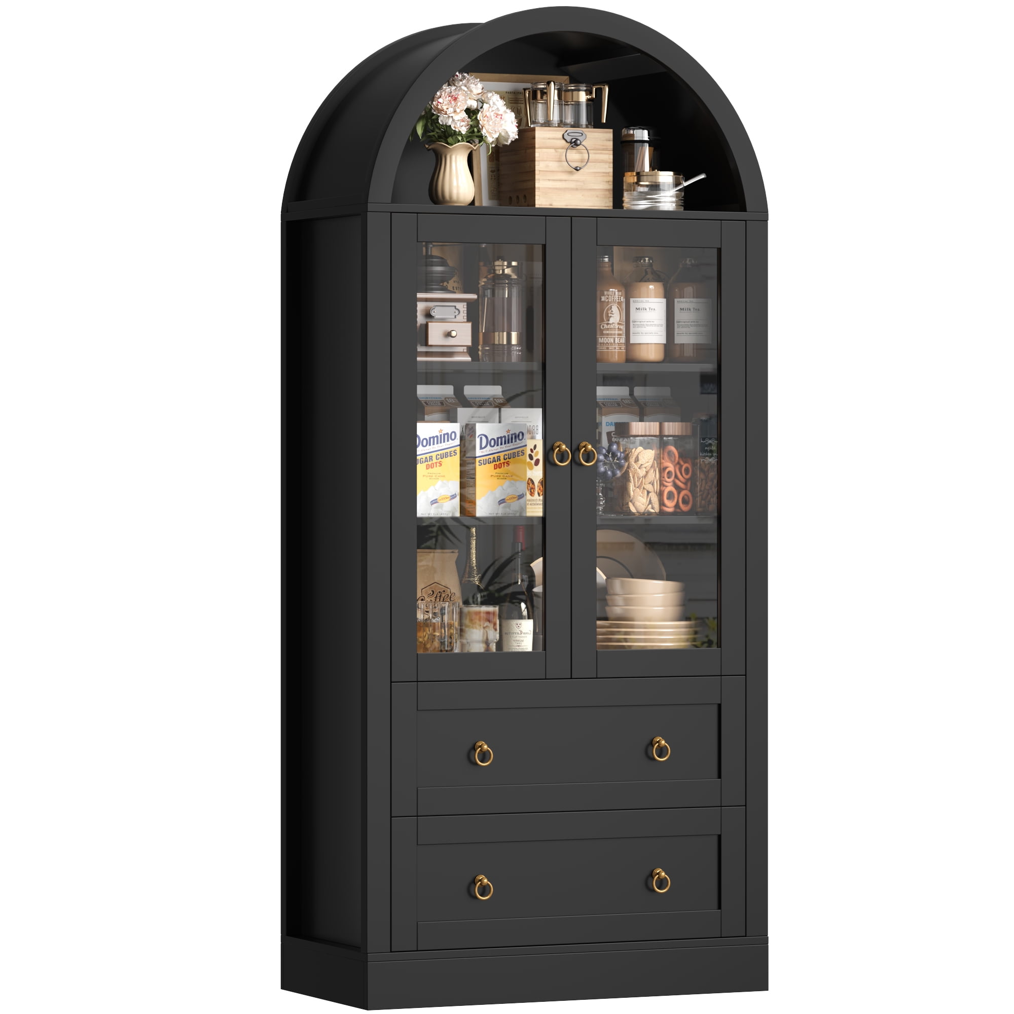 Hiphuta 70" Tall Arched Kitchen Pantry Storage Cabinet with Glass Doors, Freestanding Modern Farmhouse Hutch Cupboard with 2 Large Drawers, for Kitchen Dining Room, Black
