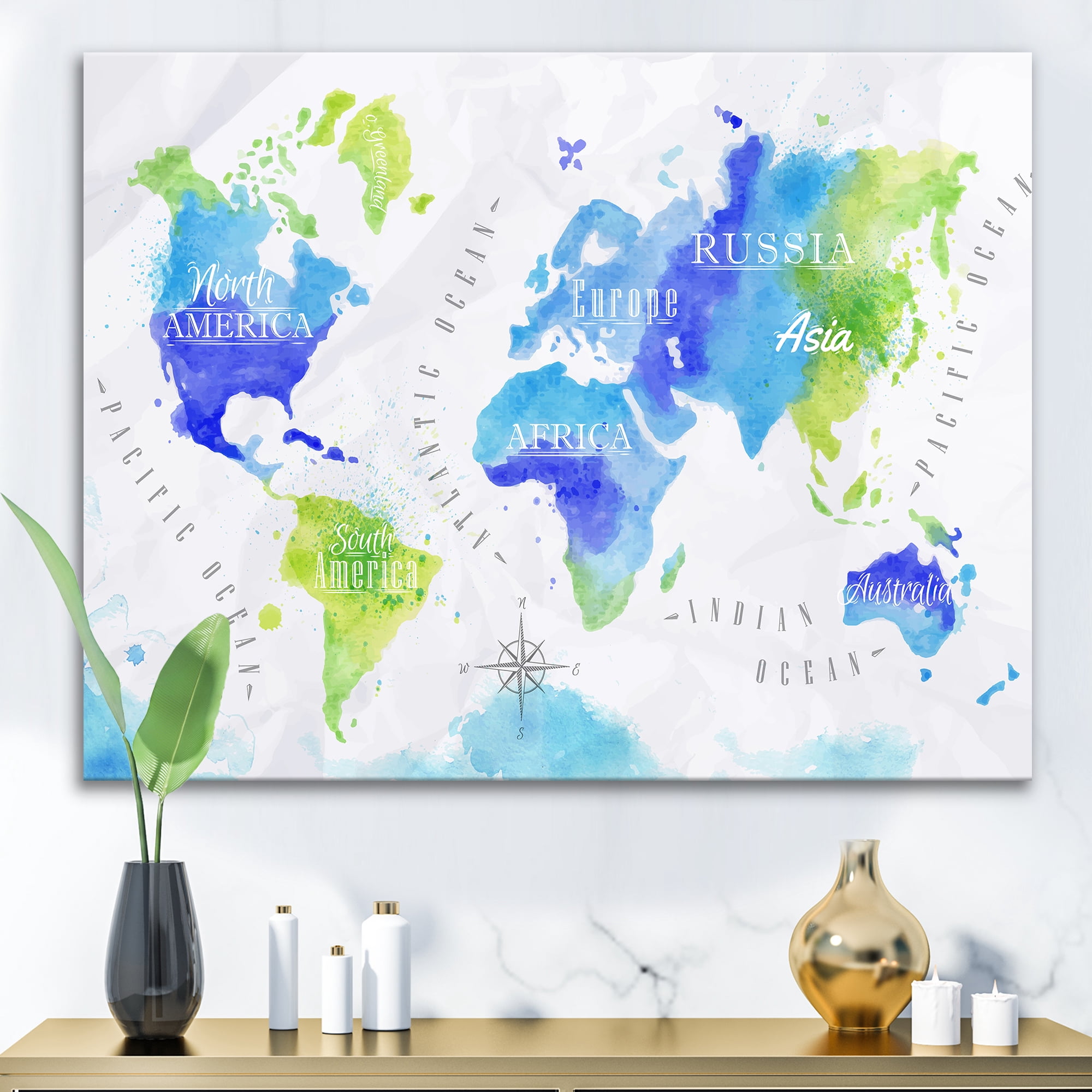 Designart ' World Map In Blue and Green ' Modern Canvas Wall Art Print