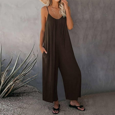 New & Trending  Women s Summer European Solid Pocket Casual Jumpsuit  Sling Bag  Lightweight  Solid Color  Comfortable Fit  Versatile  Daily Wear  Easy to Care | Sopatenor  COFFee M
