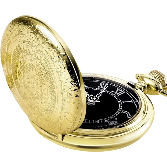 Quartz Pocket Watch for Men with Black Dial and Chain Vintage Roman Numerals Christmas Gifts Birthday